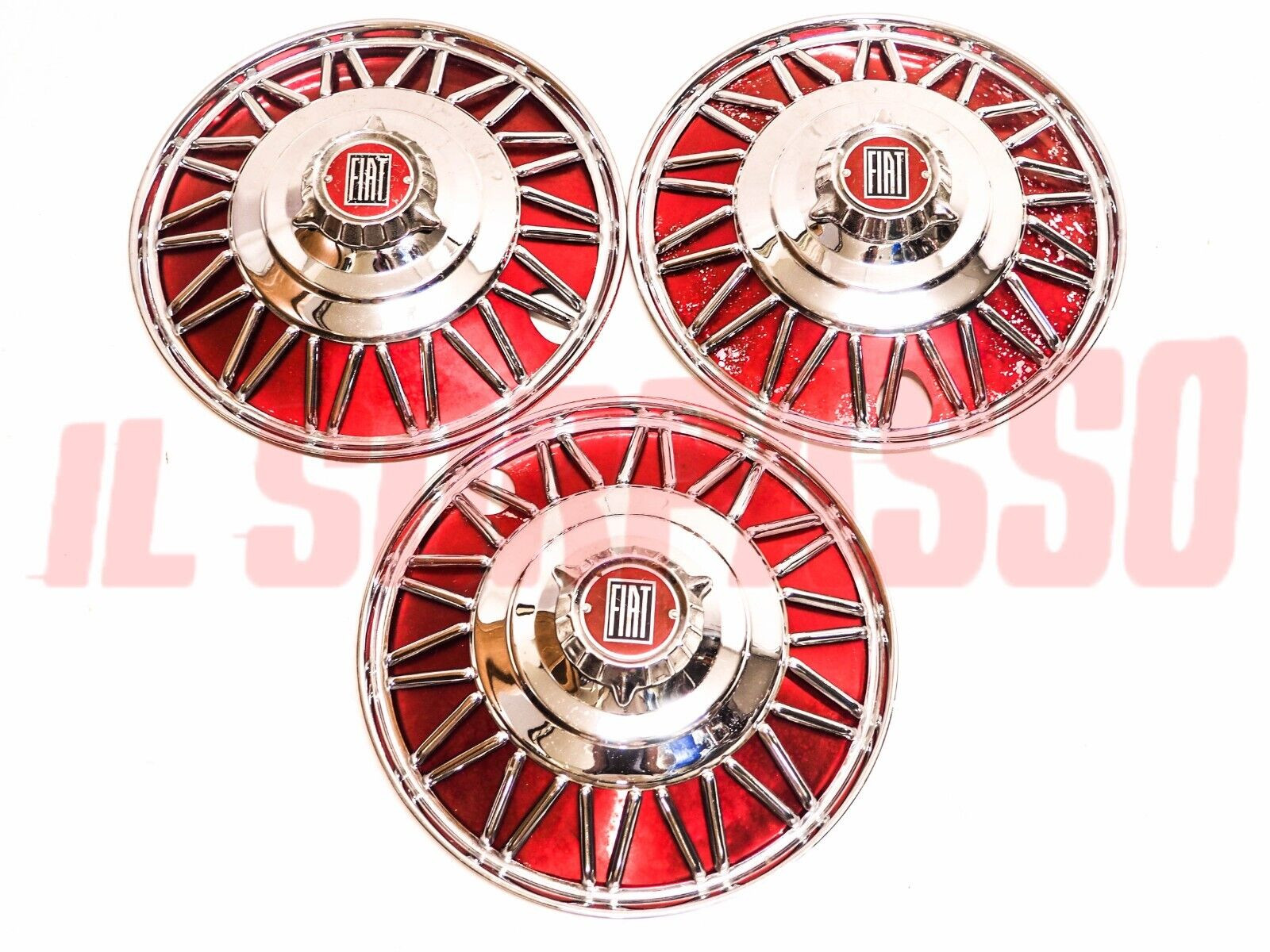 3 COPPE RUOTA BORCHIE CERCHI FUORISERIE ROSSE FIAT 500 600 1100 103 TV ORIGINALI